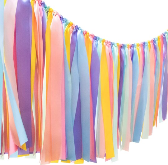 Citrus; Pastel Rainbow Ribbon Tassel Garland Colorful Fabric Banner Hanging Patry Decoration Backdrop for Baby Shower, Highchair, Birthday Macron Banner Backdrop Decor 40 Inches(L) X 14 Inches(W); Category:Streamers & Garland; Image:1